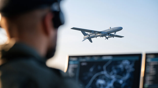 Over-the-shoulder stock photo of a 'Flamingo' (FP-5) cruise missile maintaining steady flight. A technical operator or pilot, seen strictly from behind, face outside the frame, obs