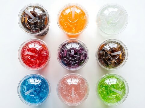 Top view of colorful fruit drinks in plastic cups with ice cubes arranged in a grid pattern. fountain soda 