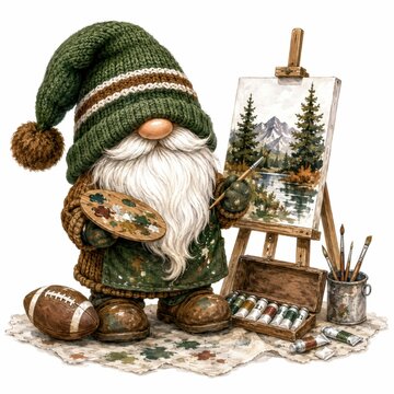 A whimsical gnome in a green knit hat paints a mountain landscape on a canvas, surrounded by art supplies and a football.