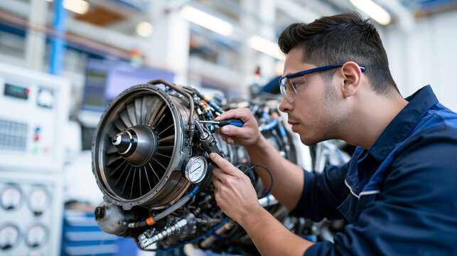 Premium commercial stock photography of technician calibrating jet engine on test stand inside bright testing facility, gauges and monitoring equipment visible, aerospace engineeri