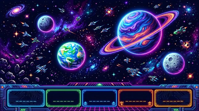 Retro pixel art style space battle featuring colorful planets glowing rings various spaceships and a digital futuristic interface console panel