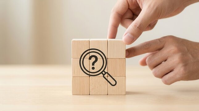 Concept of defining problems to find solutions using magnifying glass and question mark icons.