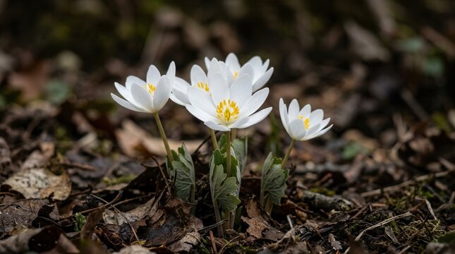 A close-up of white Sanguinaria canadensis Bloodroot growing in the spring forest.