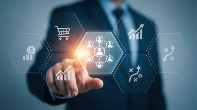 Concept of affiliate marketing and online business strategy connecting merchants, affiliates, and customers.