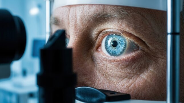 Ophthalmology clinic slit lamp examination showing a close up view of a male blue eye and iris.