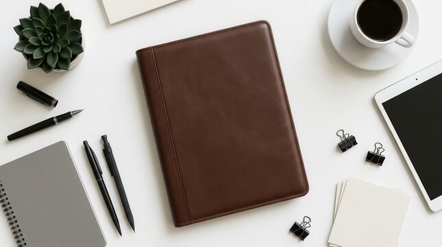 Minimalist office stationery concept featuring a leather-bound folder mockup.