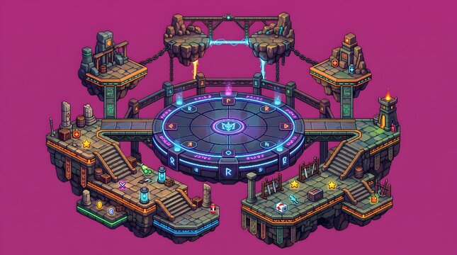 Isometric fantasy game platform featuring glowing magical runes and floating stone islands against a solid purple background in pixel art style