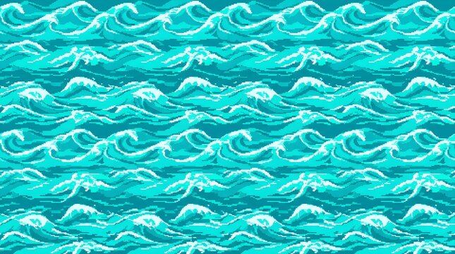 Vibrant pixel art ocean waves repeating pattern featuring bright turquoise blue water textures for digital backgrounds and retro game design projects