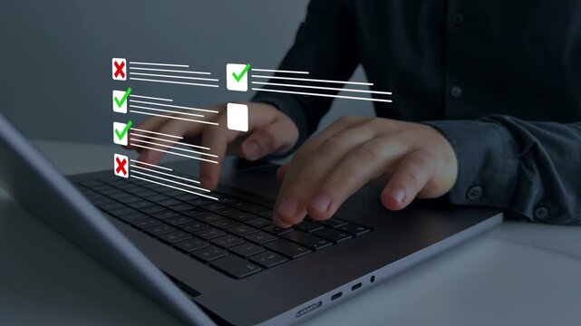 Filling form, research analytics, technology interface and data review. Online survey questionnaire with digital feedback form, customer evaluation and business assessment concept. 