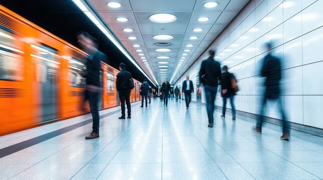 Everyday city movement in a modern subway station with commuters and motion blur.