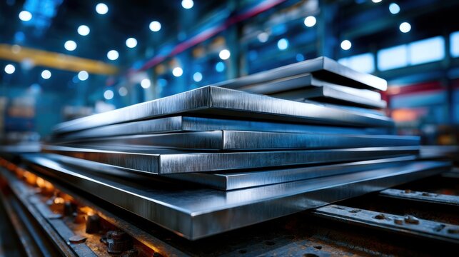 Polished metal sheets stacked in a modern warehouse under blue ambient light, ideal for industrial, manufacturing, and logistics concepts.