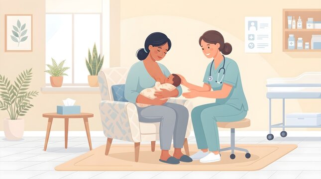 Gentle cartoon illustration of a healthcare professional supporting a breastfeeding mother during a consultation, promoting maternal care, lactation guidance, infant health, and breastfeeding educatio