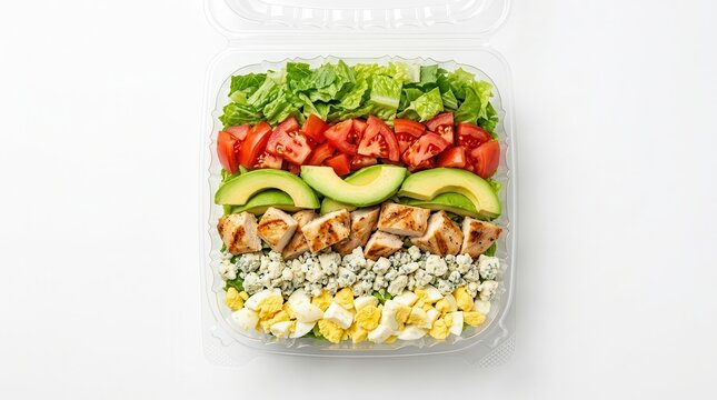 Fresh keto Cobb salad in a clear plastic container for takeout on a white background.