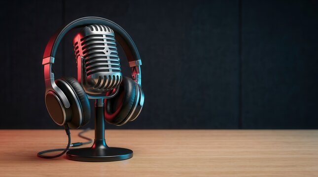 Podcasting concept featuring a retro style microphone and headphones on a dark background.