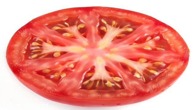 Fresh red tomato slice showing seeds and juicy pulp texture