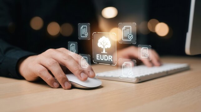 Traceability and sustainability concept featuring EUDR regulation icons and document verification symbols.