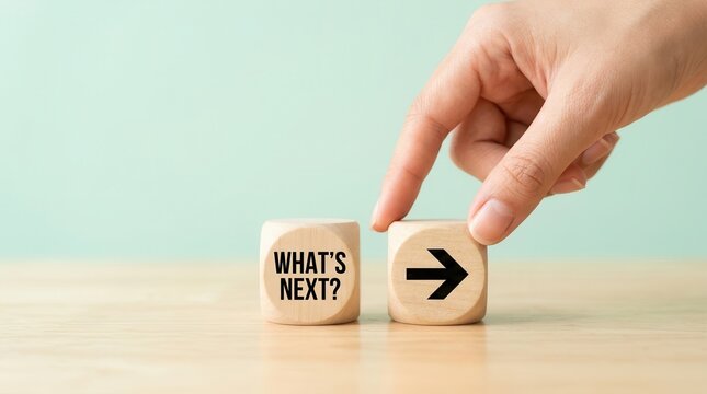 Project implementation and new opportunities concept using wooden cubes and a forward arrow.