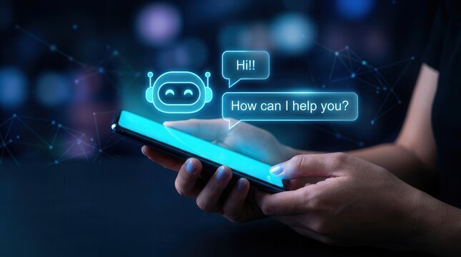AI chatbot assistance concept featuring a smartphone with glowing message bubbles and robot icon.