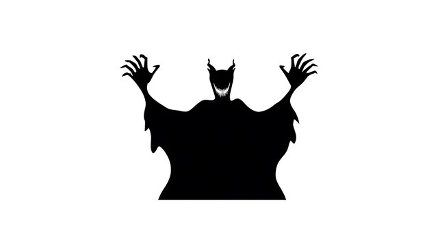 A silhouetted demonic figure with a sinister grin and outstretched arms, evoking fear and malevolence