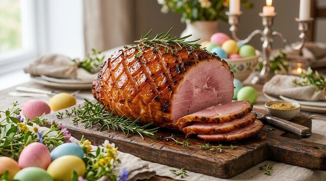 A festive Easter meal featuring a succulent glazed ham and colorful eggs.