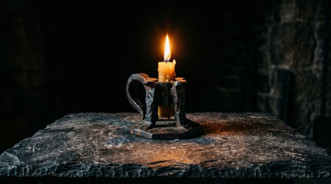 An atmospheric, eye-level shot of a heavy, geometric cast-iron candle holder resting on a cold, rough-hewn slate surface, watermarked_img_544465217841882447.png