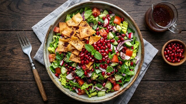  Vibrant Fattoush Salad with Pomegranate and Mint Garnish
