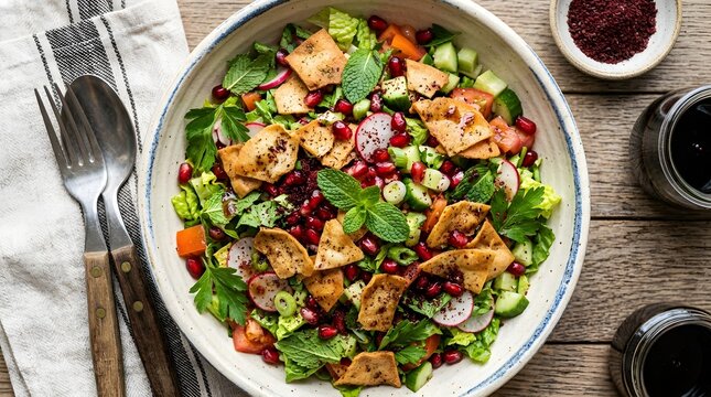 Traditional Fattoush salad with crispy pita bread, fresh Mediterranean vegetable salad with pomegranate seeds, healthy Lebanese vegan appetizer