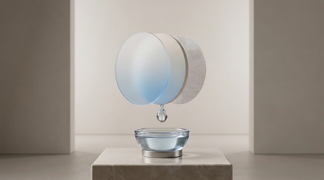 Conceptual representation of desalinization process with filtered water droplets falling into a glass bowl display