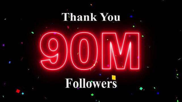 Thank You 90 Million Followers celebration animation with colorful confetti on black background, fireworks, confetti & party effects, social media milestone motion graphics animation. 4k