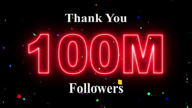Thank You 100 Million Followers celebration animation with colorful confetti on black background, fireworks, confetti & party effects, social media milestone motion graphics animation. 4k