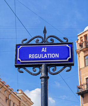 AI regulation symbol. Concept words AI artificial intelligence regulation on beautiful blue road sign. Beautiful blue sky background. Business AI artificial intelligence regulation concept. Copy space