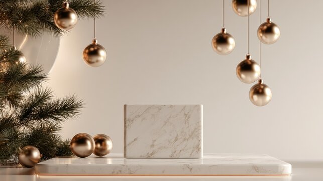 Minimal white podium with hanging golden ornaments and evergreen branches, festive product display background, Christmas, New Year.	
