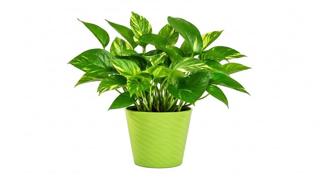 Pothos houseplant in lime green ceramic pot, vibrant Epipremnum aureum indoor plant, lush green foliage on white background for home decor