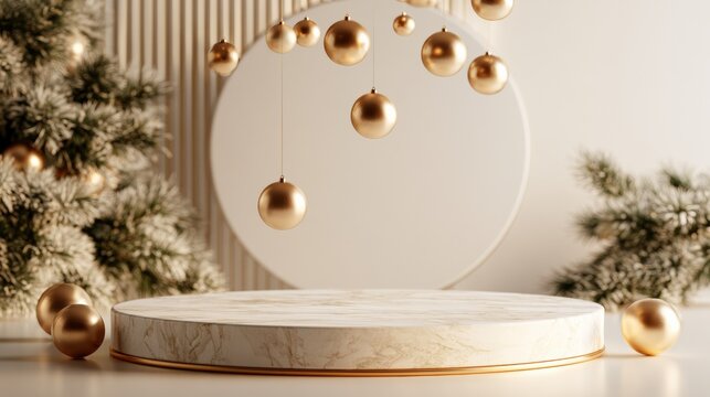 Minimal white podium with hanging golden ornaments and evergreen branches, festive product display background, Christmas, New Year.	
