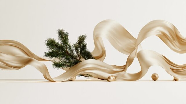 Curled golden ribbon with evergreen branches on clean white background, festive flat lay, elegant decoration, seasonal design, Christmas, New Year.