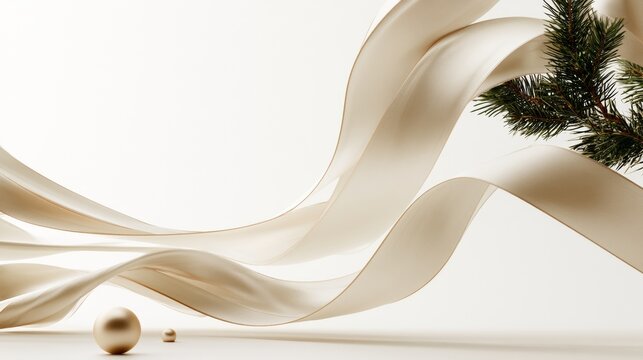 Curled golden ribbon with evergreen branches on clean white background, festive flat lay, elegant decoration, seasonal design, Christmas, New Year.