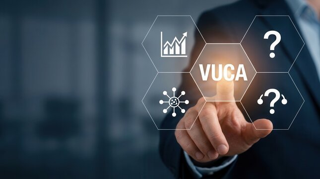 VUCA concept for strategic management with volatility, uncertainty, complexity, and ambiguity symbols on a hexagonal grid.