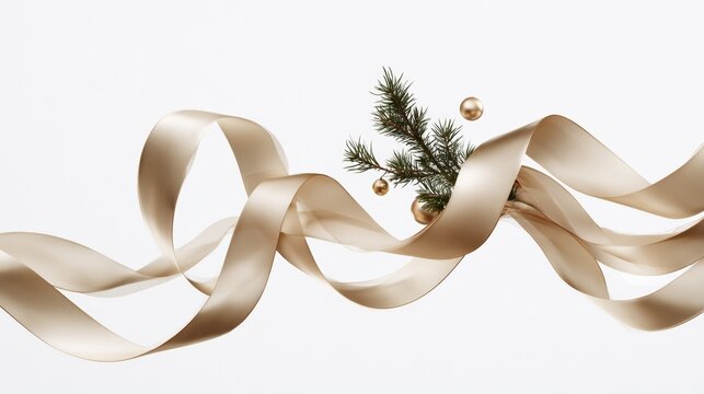 Curled golden ribbon with evergreen branches on clean white background, festive flat lay, elegant decoration, seasonal design, Christmas, New Year.