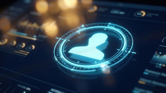 Audience segmentation and digital user profile icon on a blurred data dashboard.