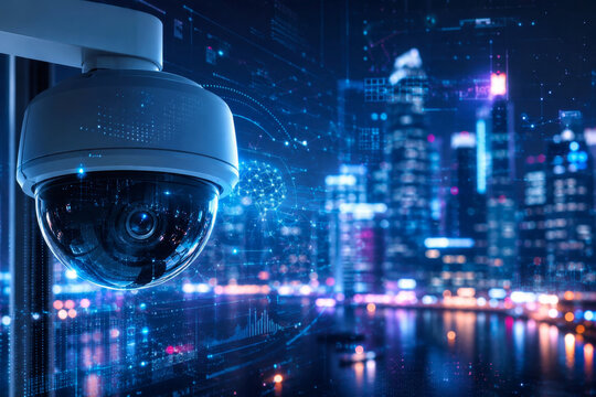 Security camera monitoring smart city with artificial intelligence. Digital surveillance system with data analysis and network connectivity. Futuristic urban protection and monitoring technology.