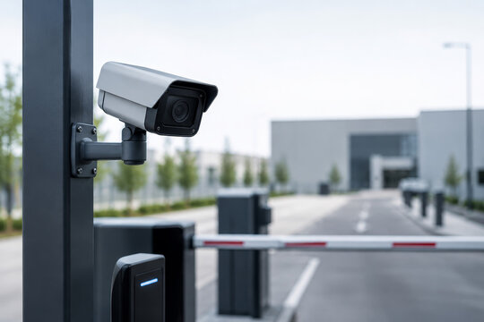 Security camera monitoring entrance of industrial facility. Automated vehicle gate with surveillance system. Modern protection technology for access control and site safety management.