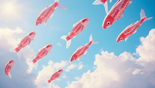 Group of red fish swimming in the blue sky with clouds surreal concept 3d rendering.