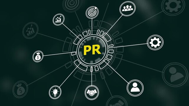 Public relations pr strategy infographic motion featuring animated digital network connections, corporate communication business growth concepts, and modern data visualization