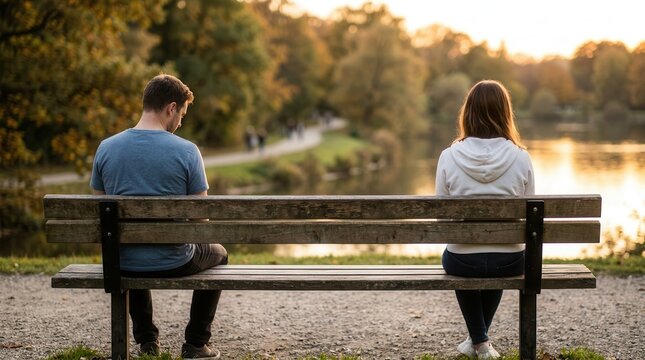 Heartache and silence as a couple sits apart on a park bench
