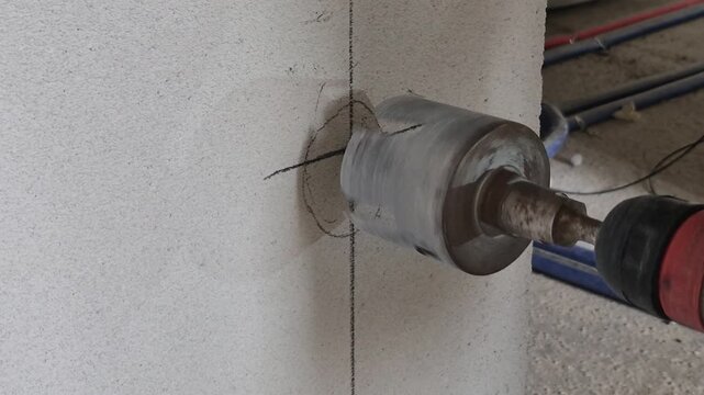 Slow motion close up of a core drill bit cutting into a wall, creating dust and debris during electrical work.