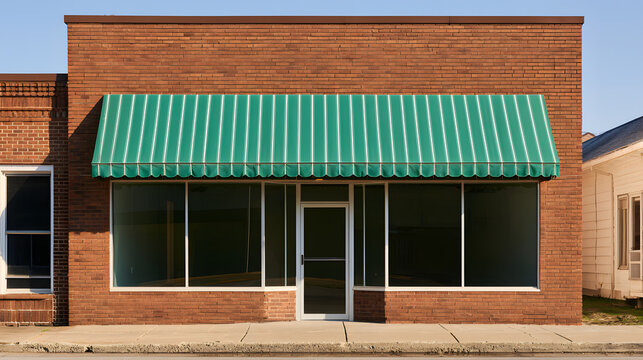 A retail store building with a window awning