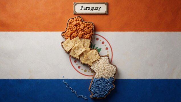 Flat lay map paraguay blue orange background made different types crackers arranged shape country's national f