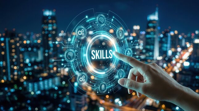 Reskill and upskill concept showing personal development with advanced AI technology.