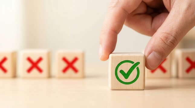 Approve and disapprove symbols on wooden blocks representing do and don't decisions.