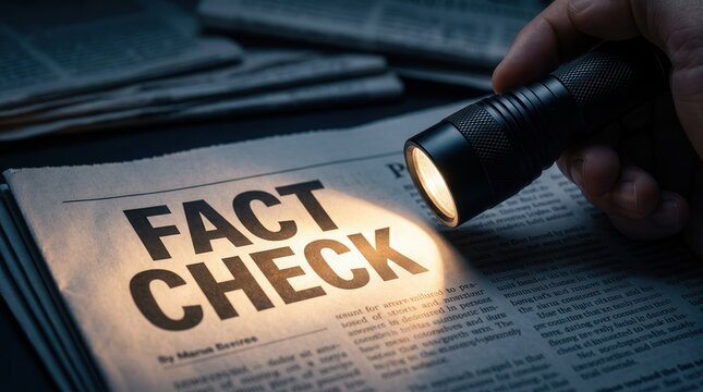 Verifying information concept featuring a flashlight light beam on a newspaper with fact check text.